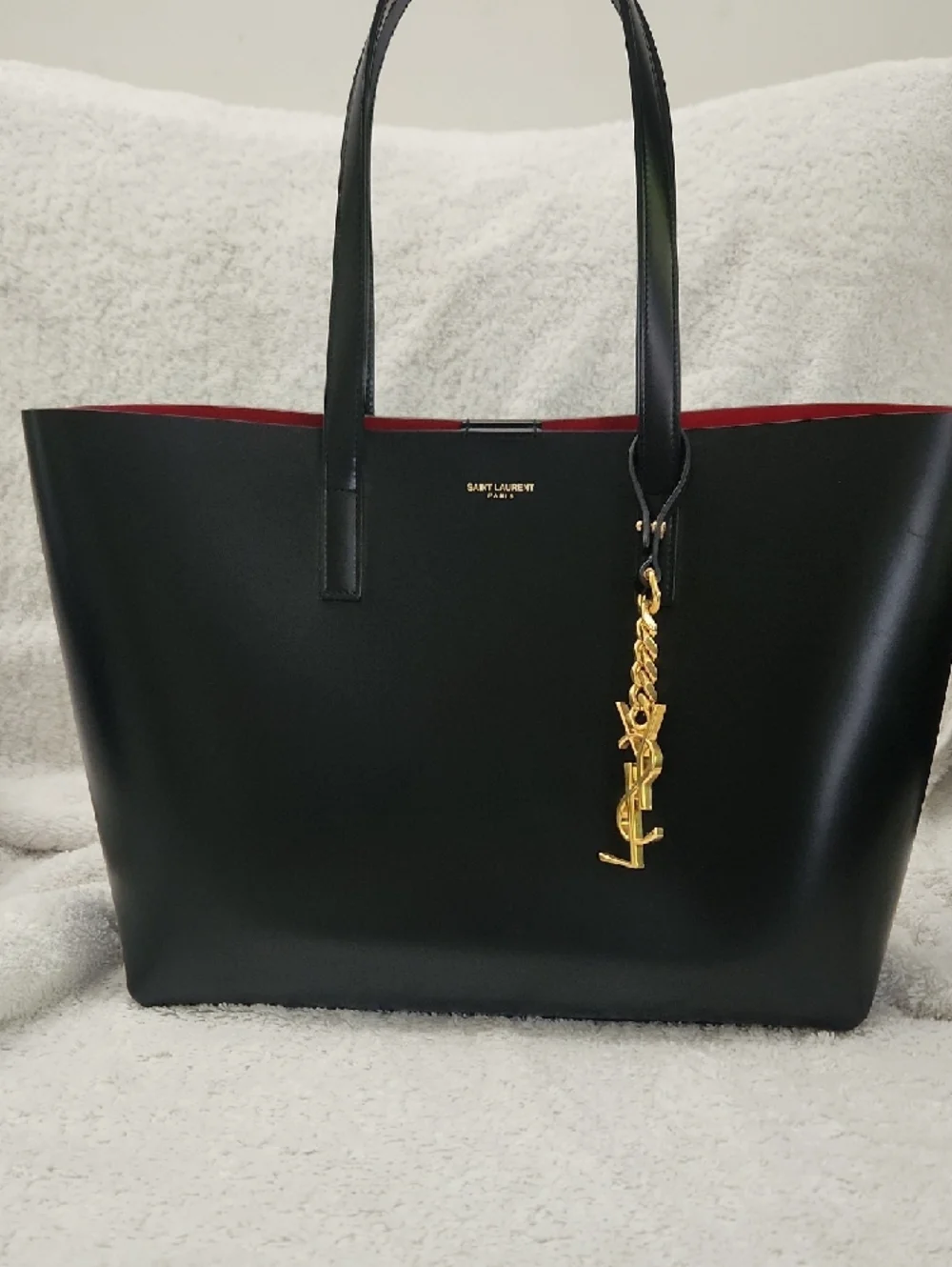 Saint Laurent Black Leather Tote with Red Interior and Gold YSL Charm NEW! - Picture 12 of 13